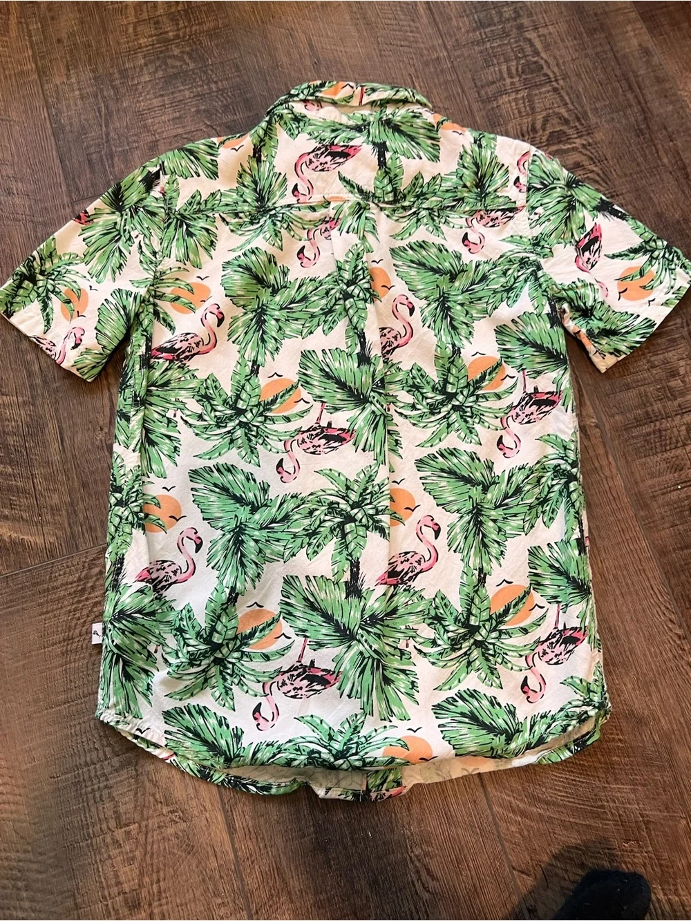 Boys Tommy Bahama White Short Sleeve Shirt with Green Palm & Pink Flamingo Print